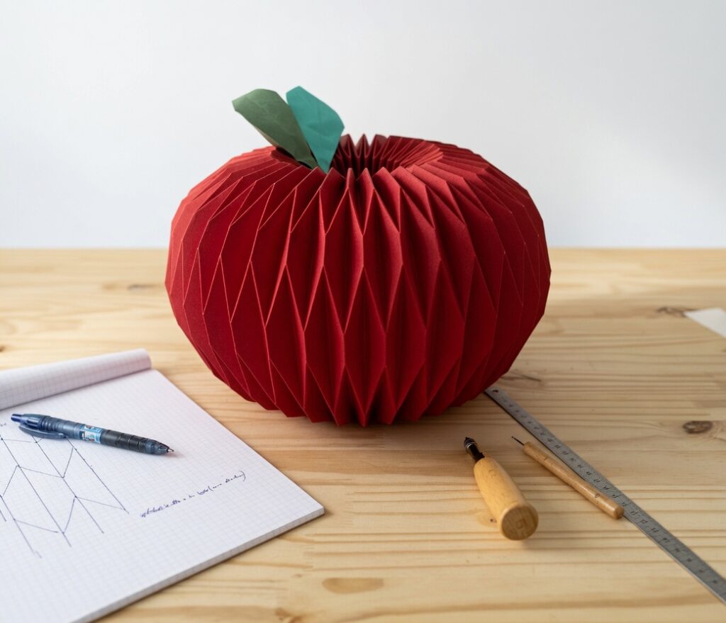 Pomme plissée, dessinée et réalisée par DesignPapierAVD, photographiée sur la table de travail de l'atelier.