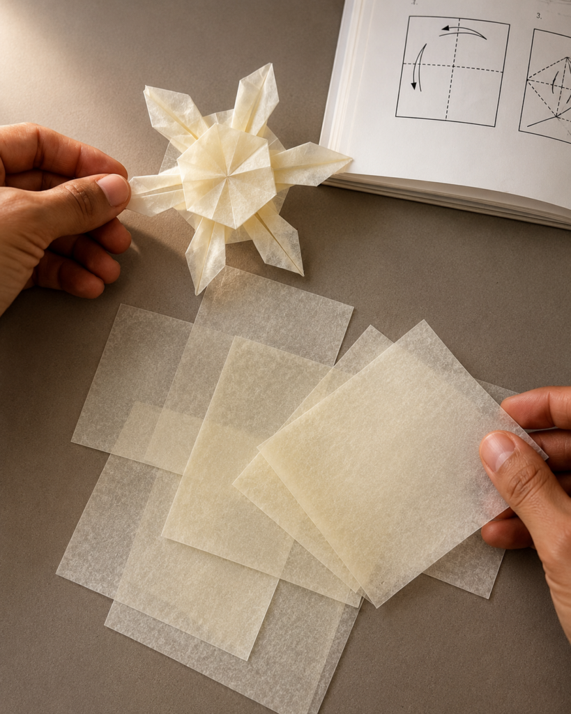 Exploration d'un modèle d'origami en papier translucide au studio DesignPapierAVD, avec feuilles de papier et diagramme de pliage.